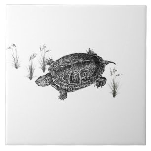 Black and White Sea Turtle Ceramic Tile