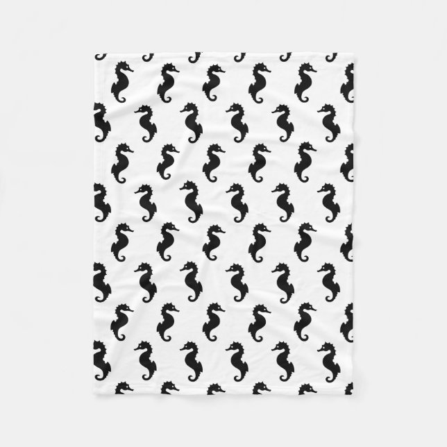 Black And White Seahorse Pattern Fleece Blanket (Front)