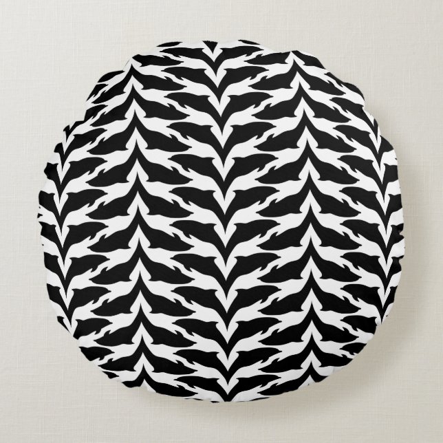 Black and White Seamless Pattern - Dolphin Round Cushion (Front)