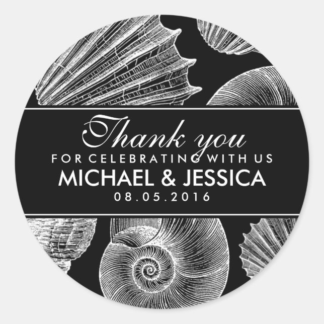 Black and White Seashell Wedding Thank You Sticker (Front)
