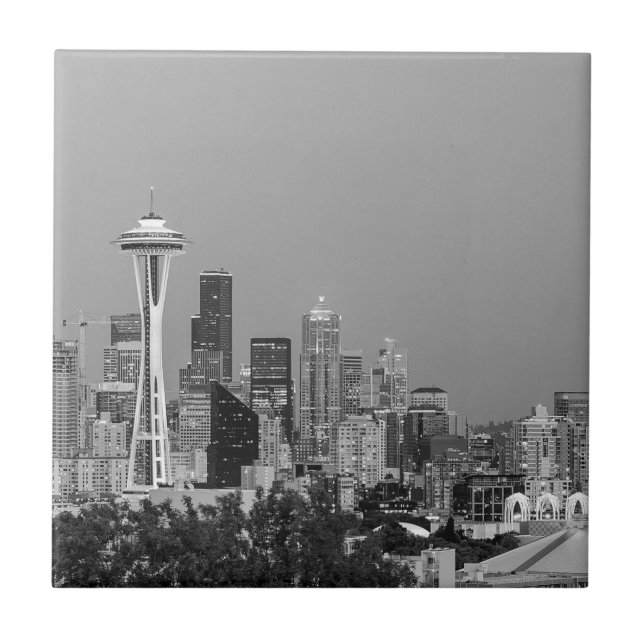 Black and White Seattle cityscape Ceramic Tile (Front)