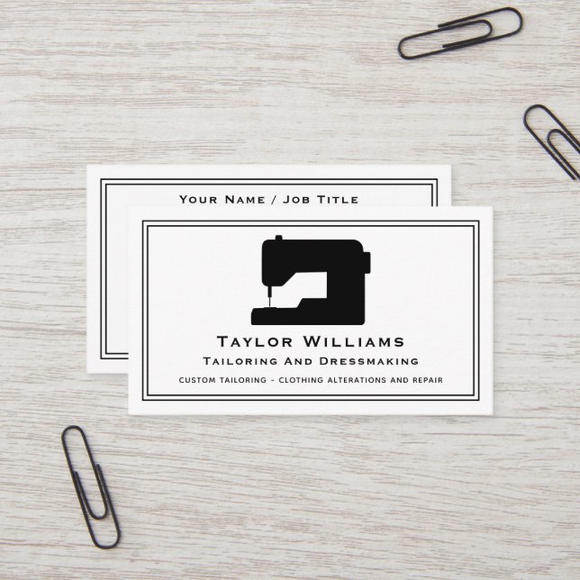 Black And White Sewing Machine Seamstress Tailor Business Card (Front/Back In Situ)