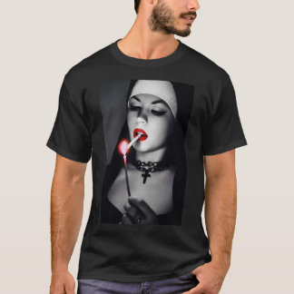 Black And White Sexy Nun Smoking Cigarette T-Shirt