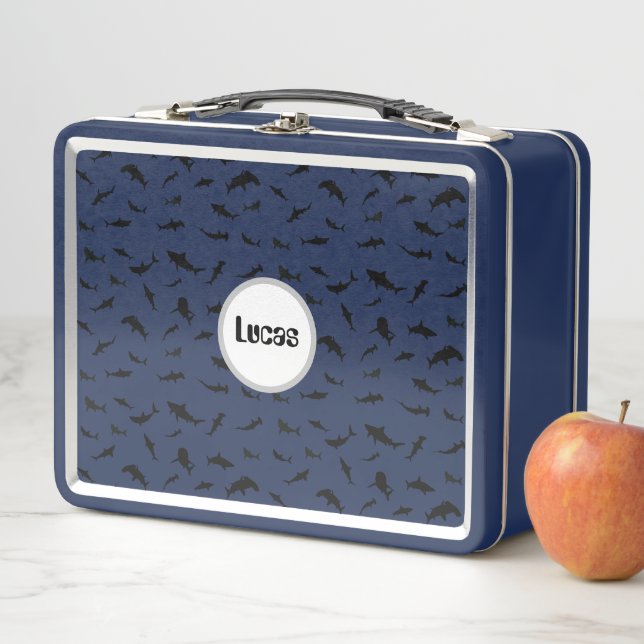 Black and white Shadow fish shark school pattern Metal Lunch Box (In Situ)