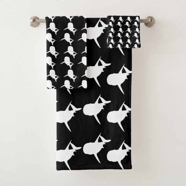 Black and white Shadow fish shark whale pattern Bath Towel Set (Insitu)