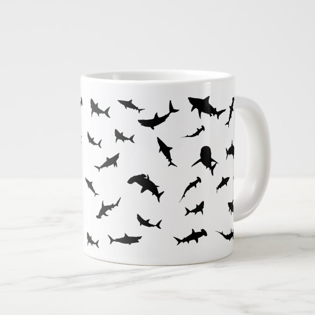 Black and white Shadow fish shark whale pattern Large Coffee Mug (Front Right)
