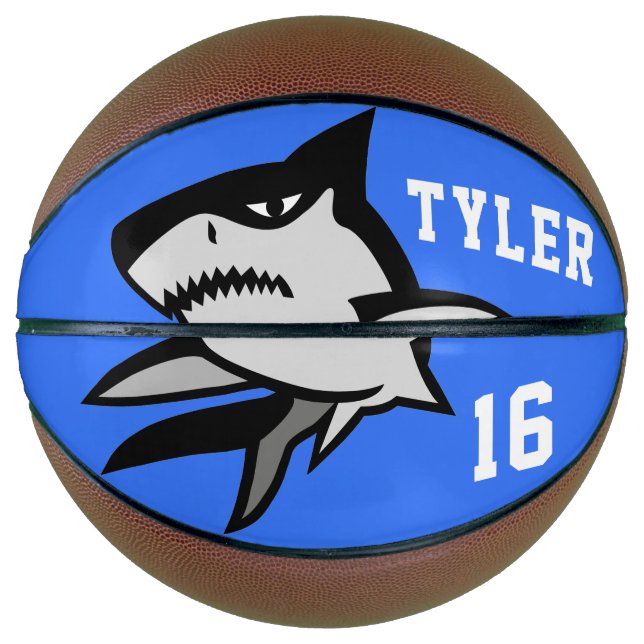 Black and White Shark on Blue  White Letters Basketball (Front)