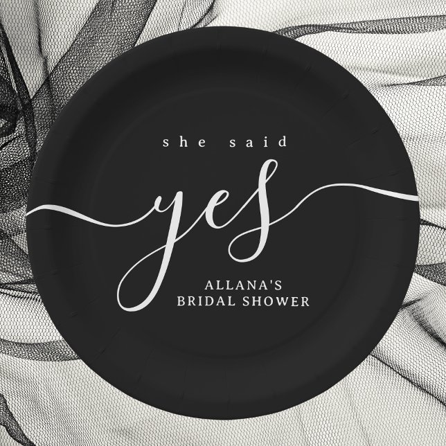Black and White She Said Yes Bridal Shower Paper Plate (Minimalist black-and-white bridal shower paper plate with elegant script design.)