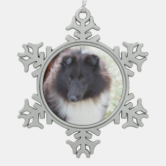 Black and White Sheltie Snowflake Pewter Christmas Ornament (Front)