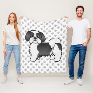 Black And White Shih Tzu Cute Cartoon Dog Fleece Blanket