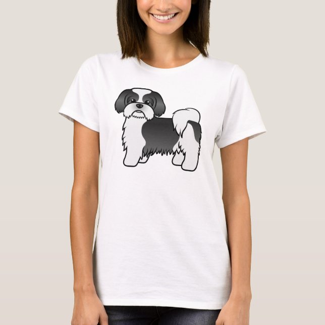 Black And White Shih Tzu Cute Cartoon Dog T-Shirt (Front)