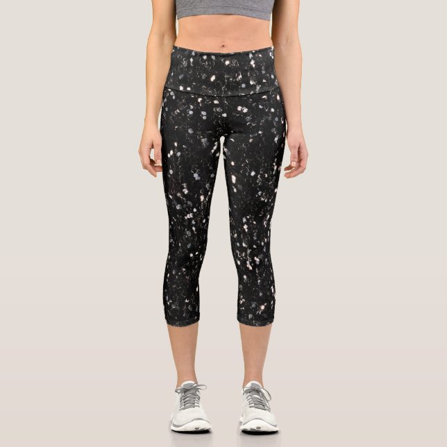 Black and white shiny glitter sparkles capri leggings (Front)
