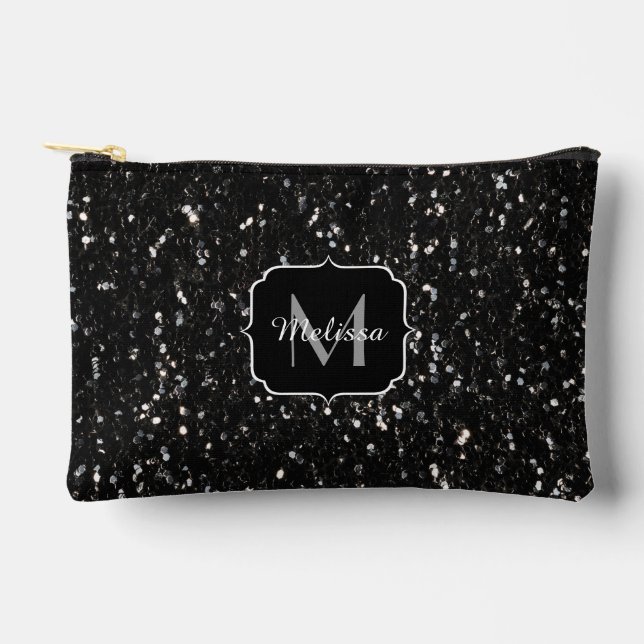 Black and white shiny glitter sparkles Monogram Accessory Pouch (Front)