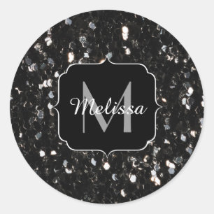 Black and white shiny glitter sparkles Monogram Classic Round Sticker