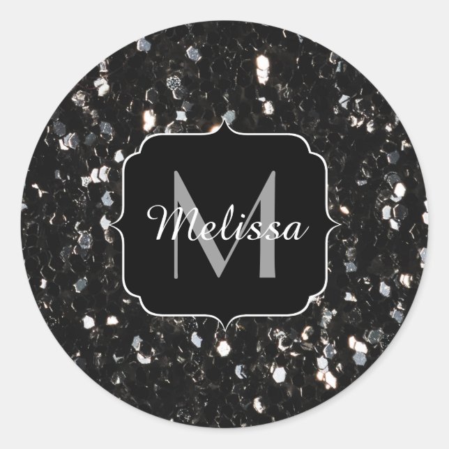 Black and white shiny glitter sparkles Monogram Classic Round Sticker (Front)