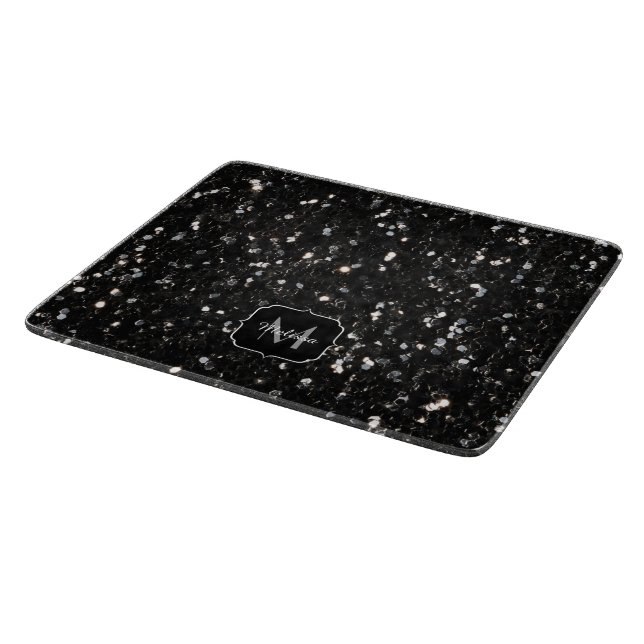 Black and white shiny glitter sparkles Monogram Cutting Board (Corner)