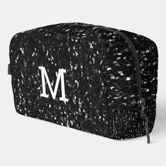 Black and white shiny glitter sparkles Monogram Dopp Kit (Right Corner)