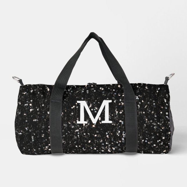 Black and white shiny glitter sparkles Monogram Duffle Bag (Front)