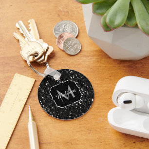 Black and white shiny glitter sparkles Monogram Key Ring