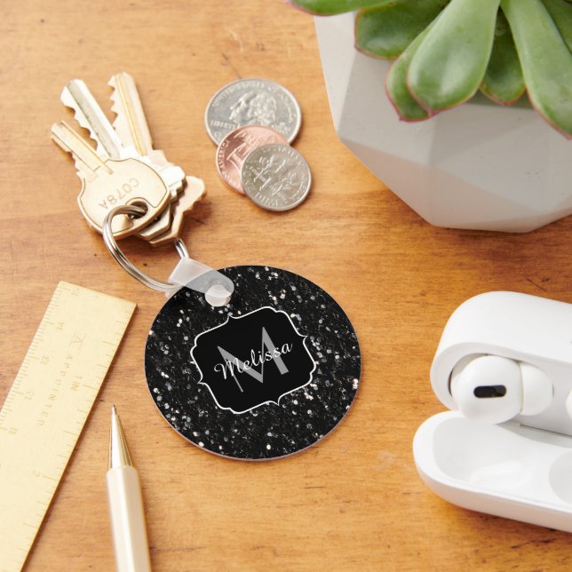 Black and white shiny glitter sparkles Monogram Key Ring (Desk)