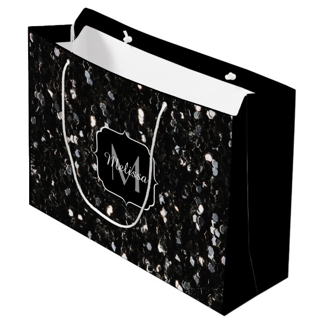 Black and white shiny glitter sparkles Monogram Large Gift Bag (Front Angled)