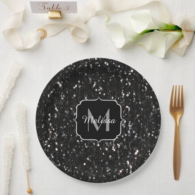 Black and white shiny glitter sparkles Monogram Paper Plate (Wedding)