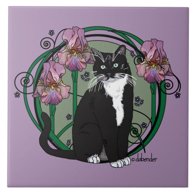 Black and White Short-Haired Cat with Irises Tile (Front)