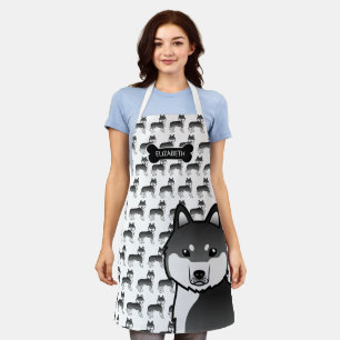Black And White Siberian Husky Cartoon Dog & Name Apron