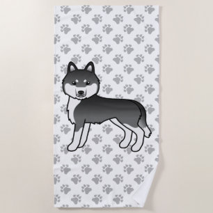 Black And White Siberian Husky Cute Cartoon Dog Beach Towel