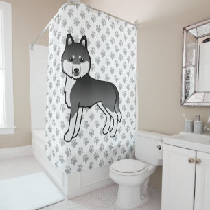 Black And White Siberian Husky Cute Cartoon Dog Shower Curtain