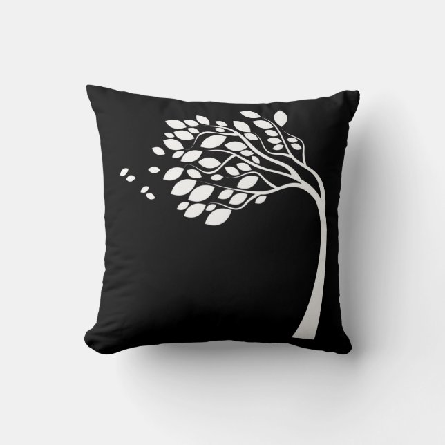 Black and White Side Swept Tree Silhouette Pillow (Front)