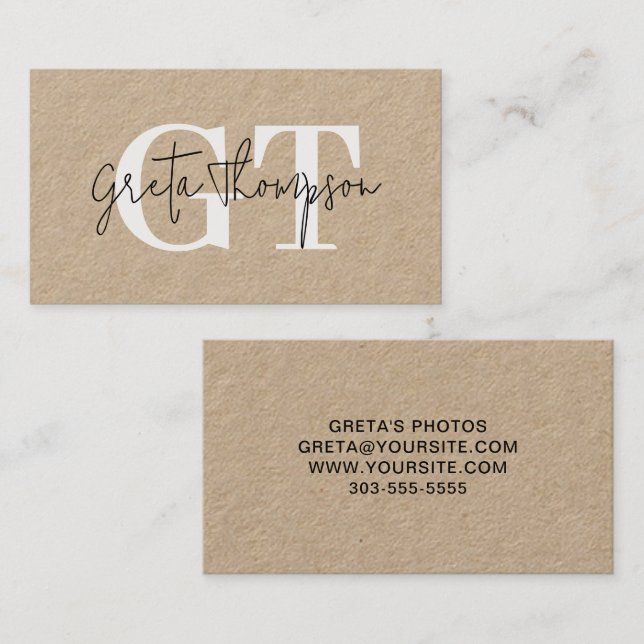 Black and White Signature Name Monogram Kraft Business Card (Front/Back)