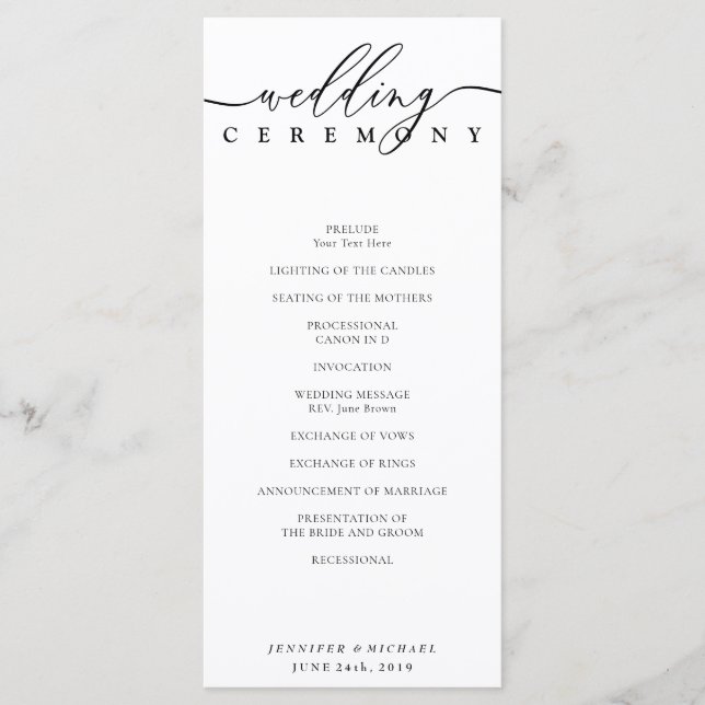 Black and White Signature Script Wedding Ceremony Program (Front)