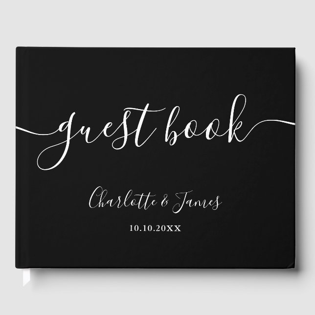 Black And White Signature Script Wedding Guest Book (Front)