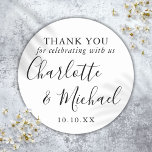 Black And White Signature Wedding Favour Thank You Classic Round Sticker<br><div class="desc">Black and white signature wedding favour thank you classic round sticker featuring signature style names. Personalise with your special thank you information in chic typography. Designed by Thisisnotme©</div>