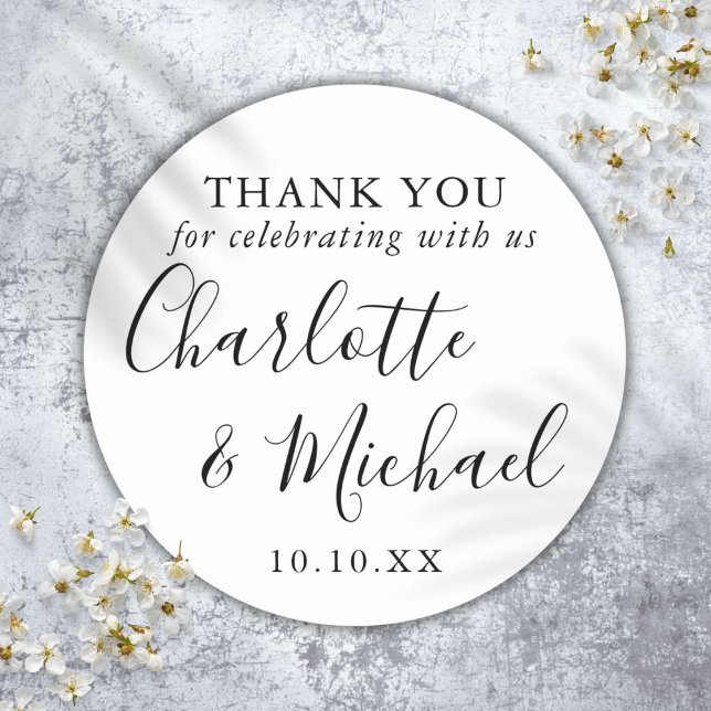 Black And White Signature Wedding Favour Thank You Classic Round Sticker (Black And White Signature Wedding Favor Thank You Classic Round Sticker)