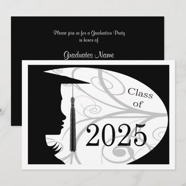 Black and White Silhouette 2025 Graduation Party Invitation (Front/Back)