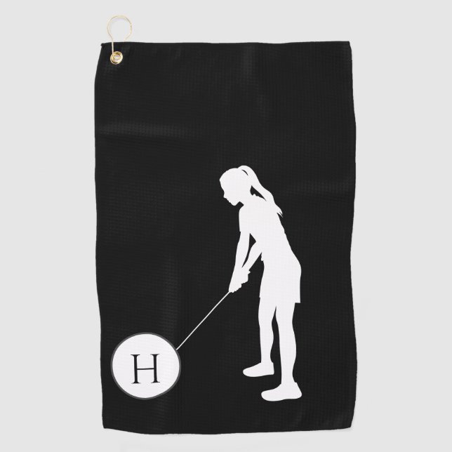 Black and White silhouette girl golfer ladies Golf Golf Towel (Front)