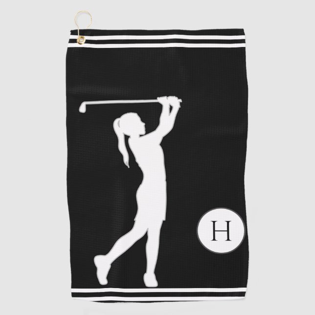 Black and White silhouette girl golfer ladies Golf Towel (Front)