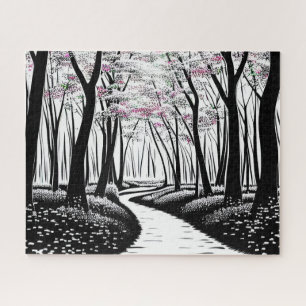 Black and White Silhouette Trees and Purple Leaves Jigsaw Puzzle
