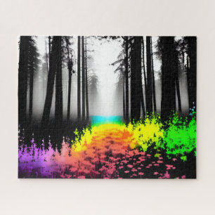 Black and White Silhouette Trees with Colour Splas Jigsaw Puzzle