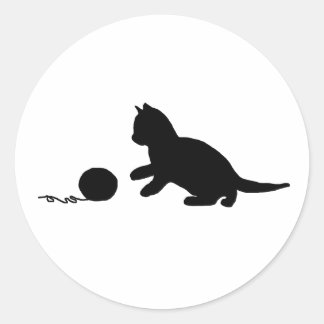 Black and White Silhouette Yarn and Cat Classic Round Sticker