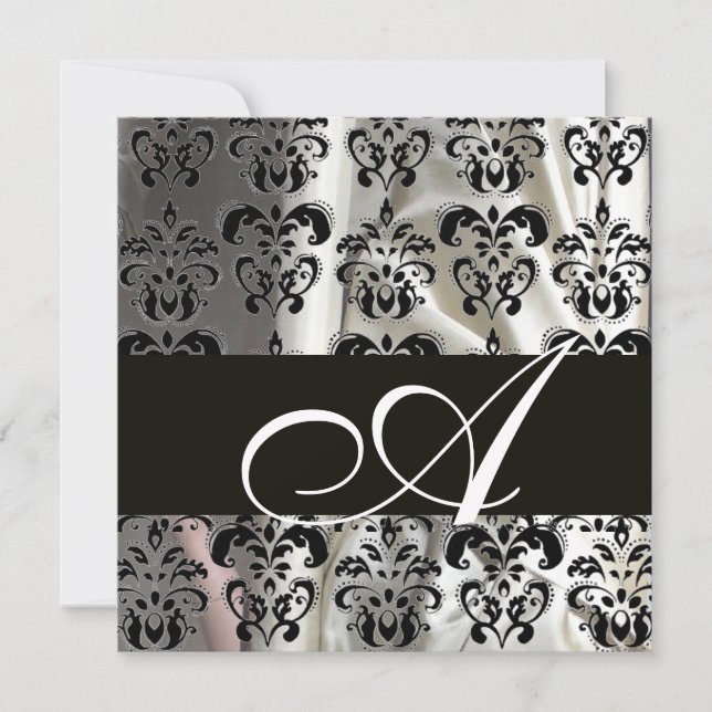 BLACK AND WHITE SILK DAMASK CLOTH MONOGRAM , white Invitation (Front)