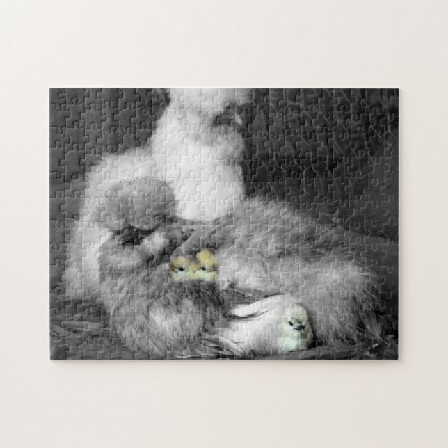Black and White Silkie Chickens with yellow Chicks Jigsaw Puzzle (Horizontal)