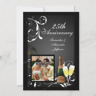 Black and White Silver Champagne Photo Anniversary Invitation