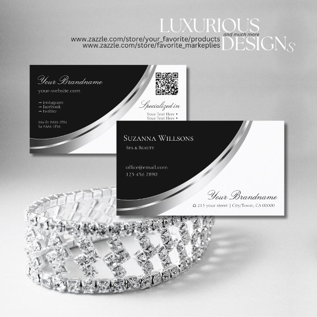 Black and White Silver Decor with QR Code Modern Business Card (Creator Uploaded)