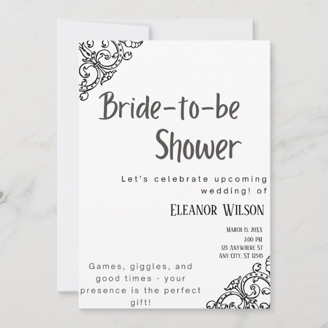 Black and white simple elegant bridal shower invitation (Front)