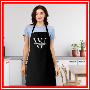 Black and White   Simple Family Name Monogram  Apron