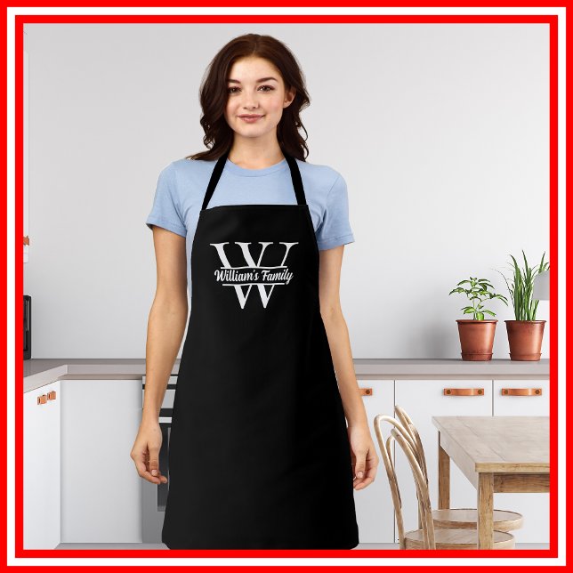Black and White | Simple Family Name Monogram  Apron (Creator Uploaded)