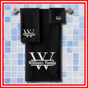 Black and White   Simple Family Name Monogram Bath Towel Set
